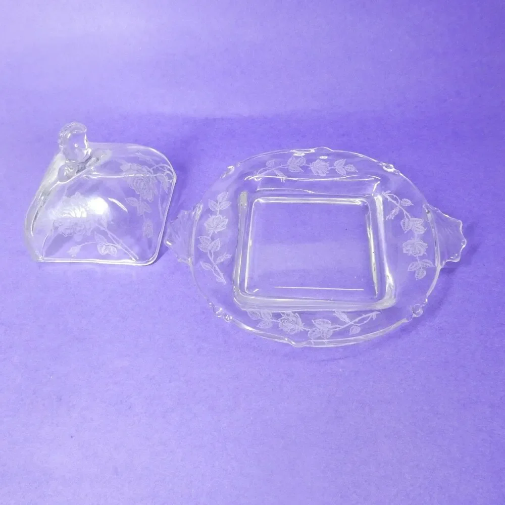 Heisey Rose Square Butter Dish With Lid - Clear Etched Glass Vintage